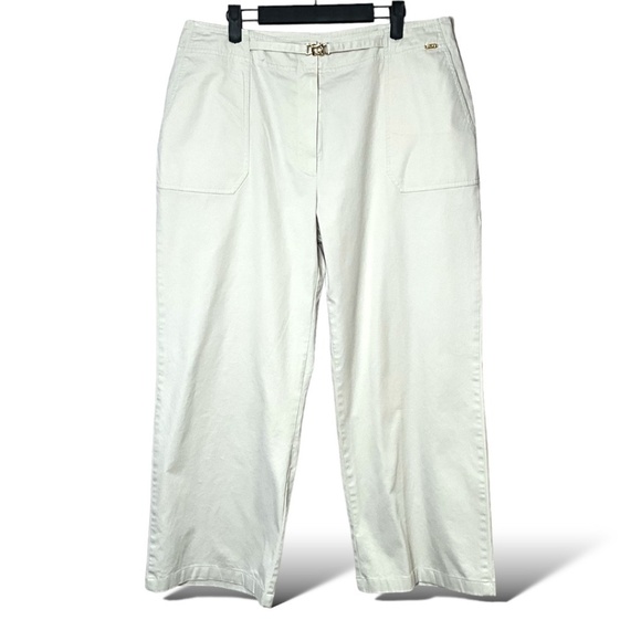 ST. JOHN SPORT Beige Cotton Blend Twill Wide Leg Casual Pants w/ Pockets Sz 14 - Picture 1 of 9